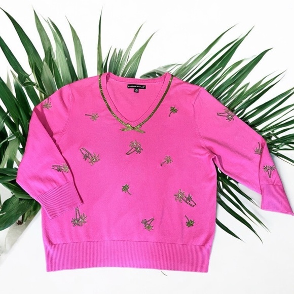 Carolyn Taylor Sweaters - VTG Carolyn Taylor Pink Embroidered Palm Trees V-Neck 3/4 Sleeve Sweater Large
